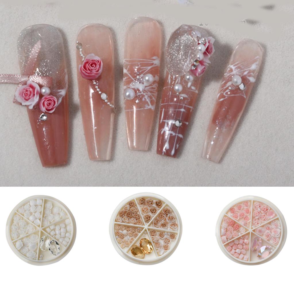 Rose Flowers Nail Charms 3D Flowers Nail Art Charms Round Pearls Nail Charms DIY Nail Art Supplies Manicure Accessories