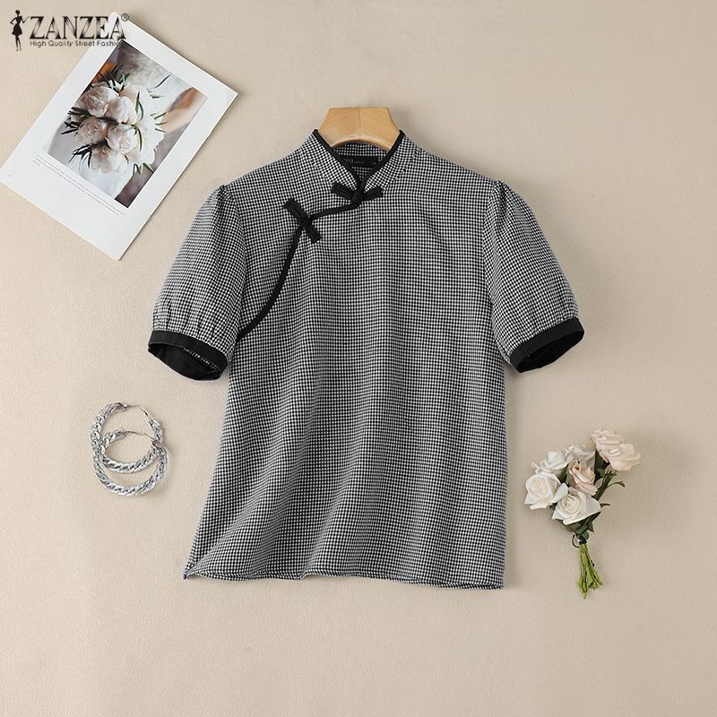 ZANZEA Women Casual Stand Collar Short Sleeve Summer Grid Print Blouse