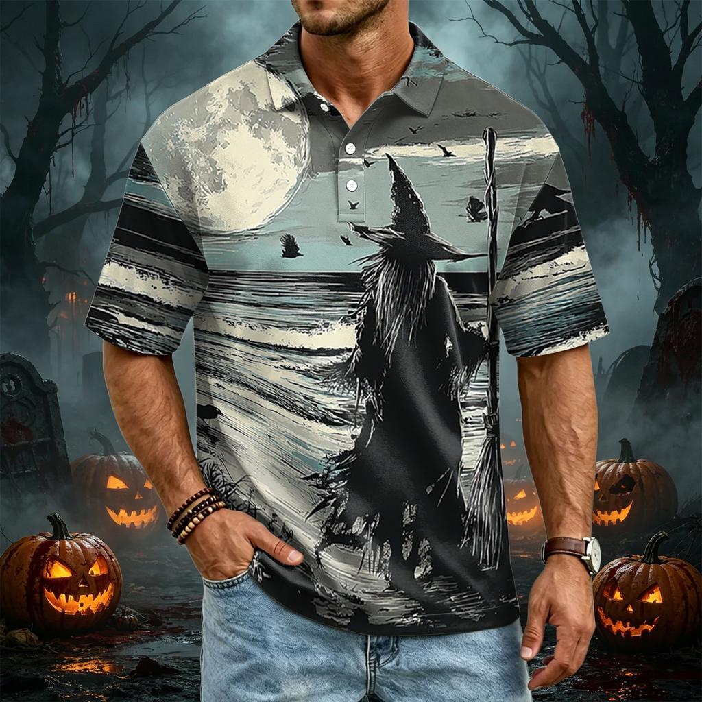 Men’s Casual Quick Dry Mesh Golf Polo Shirt Halloween Printed Short Sleeve Lightweight Breathable Top for Outdoor Sports Activities