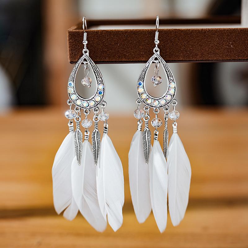 

New Vintage Rhinestone Feather Tassel Earrings Ethnic Long Beads Alloy Leaf Earrings Bijoux Femme Wedding Boheme