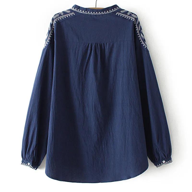Autumn Tops, Western Style Fashion, Cotton and Linen Embroidered Small Shirts, Plus Fat Plus Size Pullover Shirts