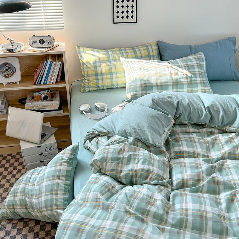 Washed Skin-friendly Bedding Set Sheet Pillowcase Quilt Cover Lattice
