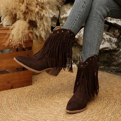 Neuer Stil Luxus Damen Markendesign Quaste Western Stray Stiefel Damen Spitzzehe Mid-Calf Reitstiefel Metalldekoration Stiefeletten