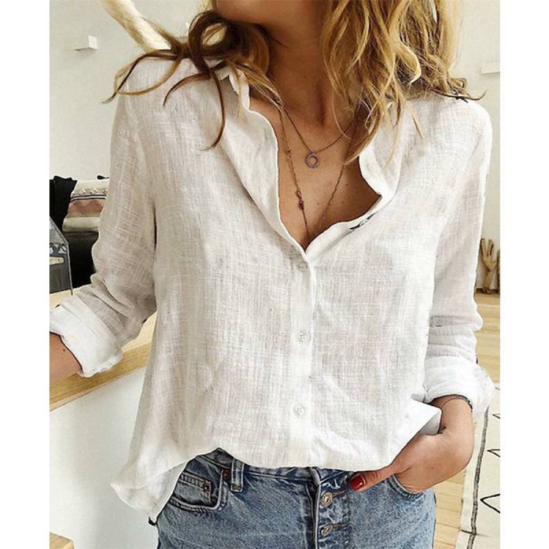 Cotton Linen Casual Long Sleeve Shirt For Women With Spliced Design And Loose Fit For Spring Season