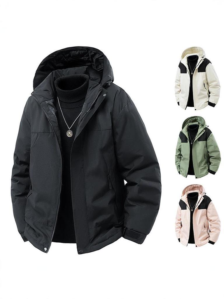 Men's 2025 Winter Color Block Windproof Hooded Cotton Jacket