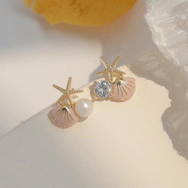 Delicate Little Starfish Conch Stud Earrings for Women Asymmetric Ocean Style Imitation Pearl Zircon Shell Earrings Jewelry Gift