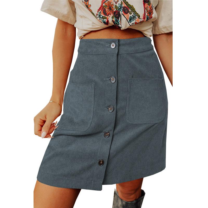 Women Button High Waist Corduroy Package Hip Skirt with Pocket
