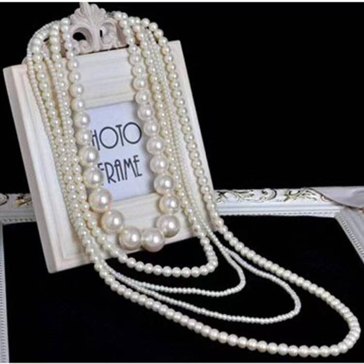 French design sense three-layer glass pearl long necklace sweater chain with small fragrant style retro gentle long necklace