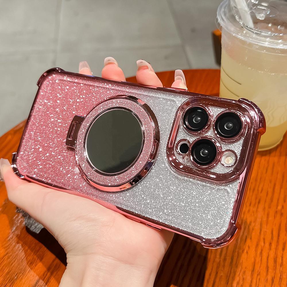 Plating Flash Mirror Holder Stand Soft Silicone Four Corners Air Cushion Shockproof Protection Case for Samsung Xiaomi Poco Redmi