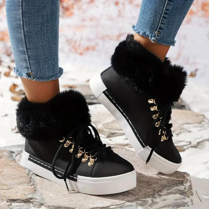 

Рождественская мода утолщенные теплые меховые красные сапоги, однотонные теплые кроссовки на плоской подошве со шнуровкой 38 чёрный