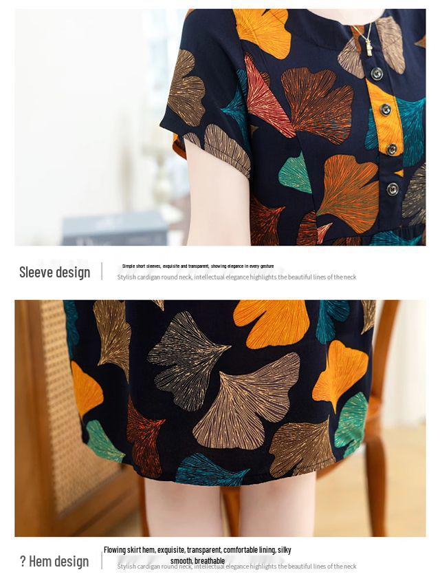 Summer Cotton Silk Dress for Middle-Aged & Elderly Women - Plus Size, Mid-Length, Short Sleeve, Loose Fit for 50s & 60s Mothers