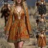 Women's Vintage Floral Long Sleeve Dress Bohemian Style