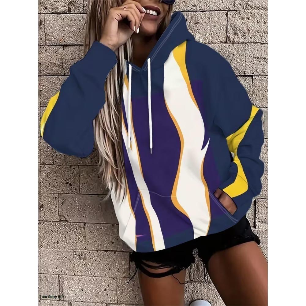 3D Retro Striped Print Casual Pullover Women Long Sleeve Kangaroo Pocket Drawstring Hooded Sweatshirt Personalized Women Hoodie