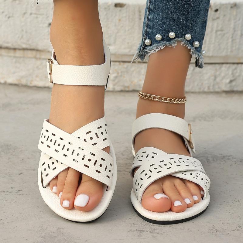 Round-toed New Flat Shoes Retro Hollowed-out Casual Women's Shoes One-button Women's Sandals