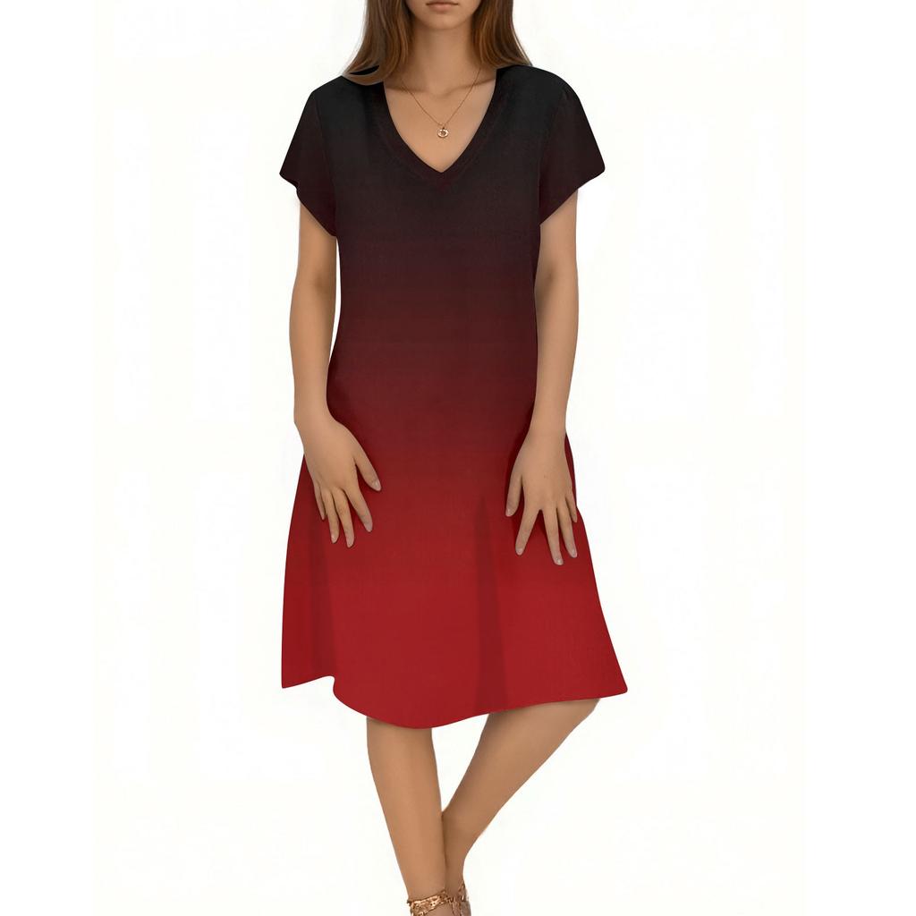 Ladies Casual Fashion V-neck Short Sleeve Gradient Print Mid-length Flowing Dress