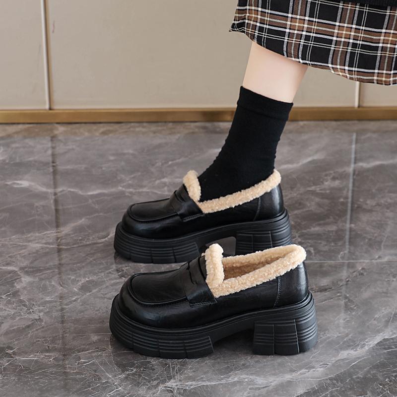 TUINANLE Winter New Plush Lined Loafers Women's Retro Chunky Platform Fluffy Leather Shoes Comfortable & Warm
