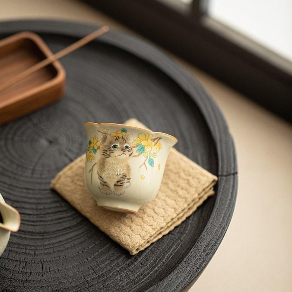 Ceramic Ru Kiln Gaiwan Chinese Style Hand Grasping Tea Maker Cute Cat Tea Tureen  Tea Ceremony
