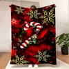 Christmas Blanket - A Festive Printed Throw with Red Background, White-and-red Striped Candy Cane, Green Holly, Golden/snow Whit