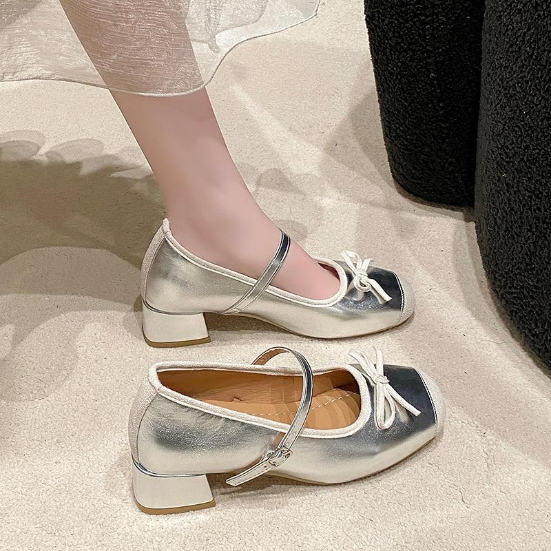 

Fashion 2025 Mary Janes Women s High Heels Fashion Bow Tie Round Toe Shallow Buckle Strap Chunky Heel Pumps Fashion Dress & Daily Shoes 39 серебряный