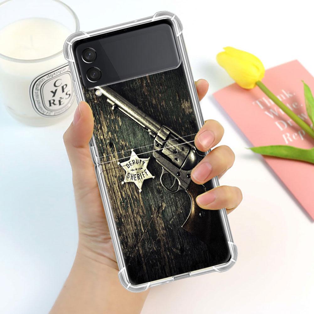 Luxury Case For Samsung Galaxy Z Flip 3 4 5G Funda Z Flip3 Clear PC Hard Shockproof Back Phone Shell AK47 Handgun Gun BUllets