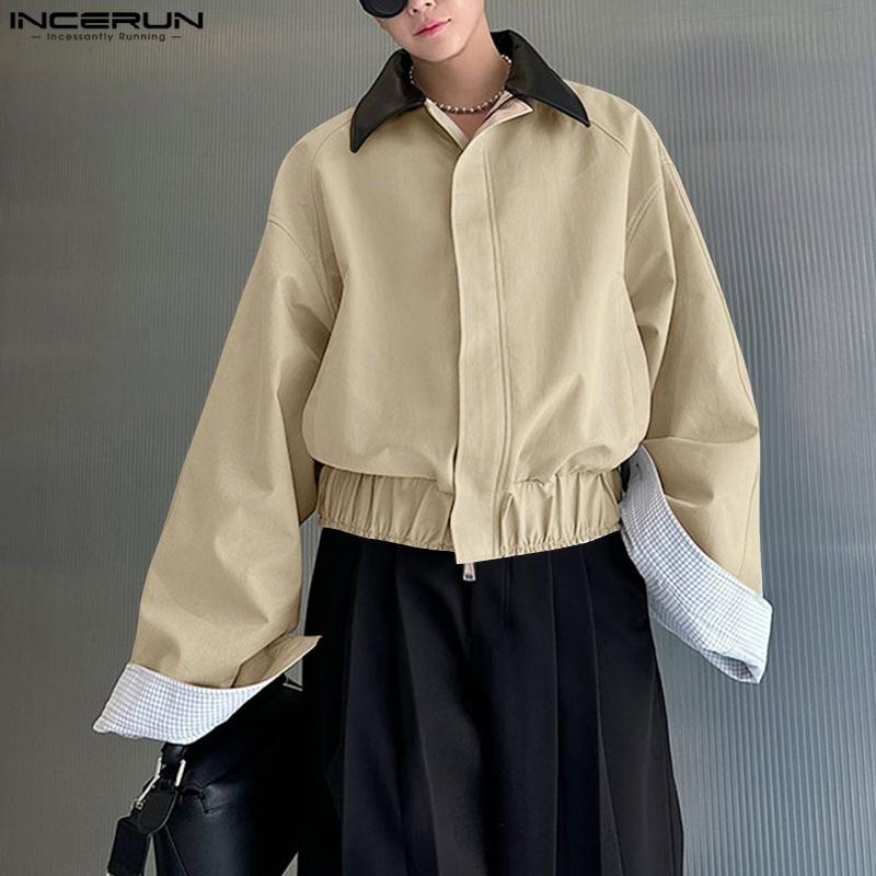 INCERUN S-5XL Men Stitching Collar Zipper Up Long Sleeve Loose Cargo Jackets Coats