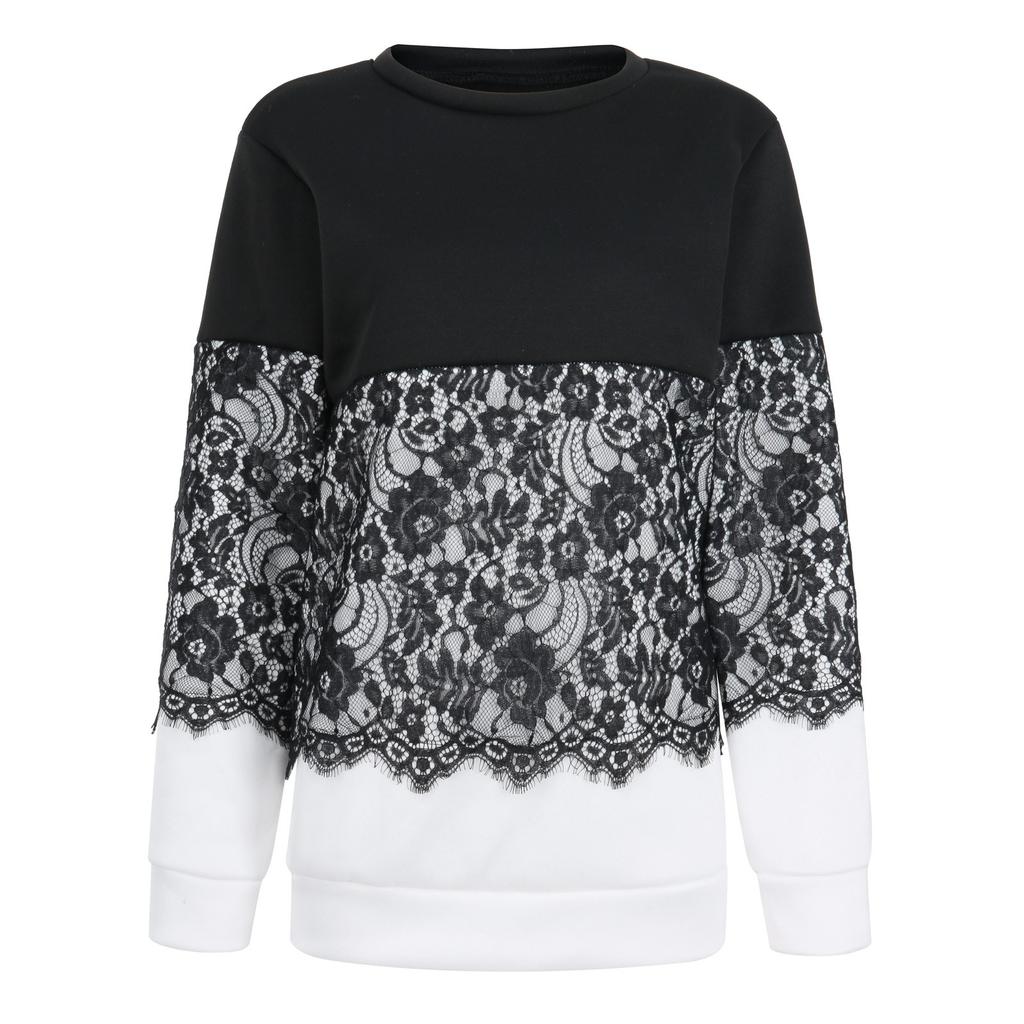 Ladies Casual Color Round Neck Stitching Pullover Lace Side Long Sleeves
