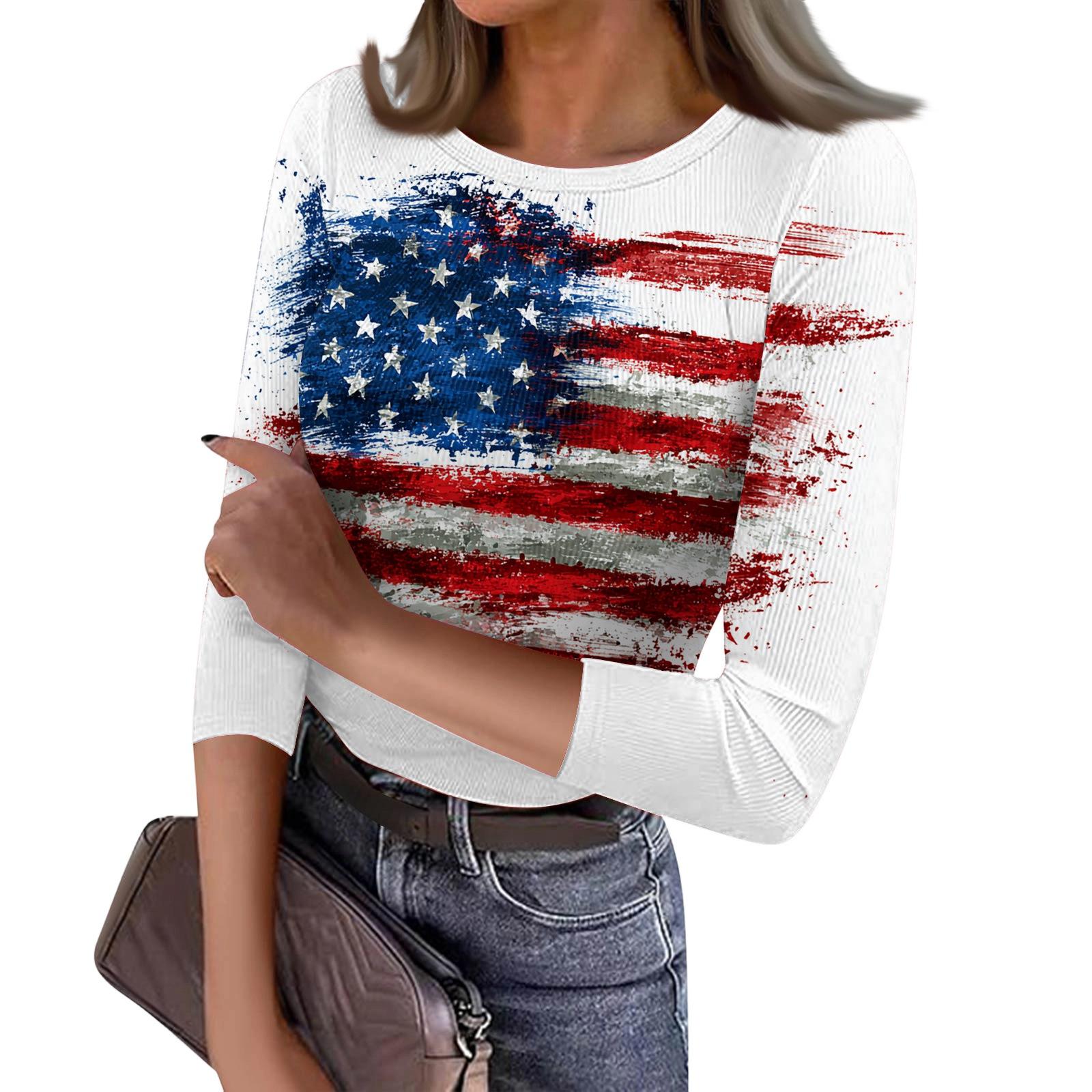 

Women s Casual Fashion Round Neck Independence Day Print Three-Quarter Sleeve Ribbed Top XL білий