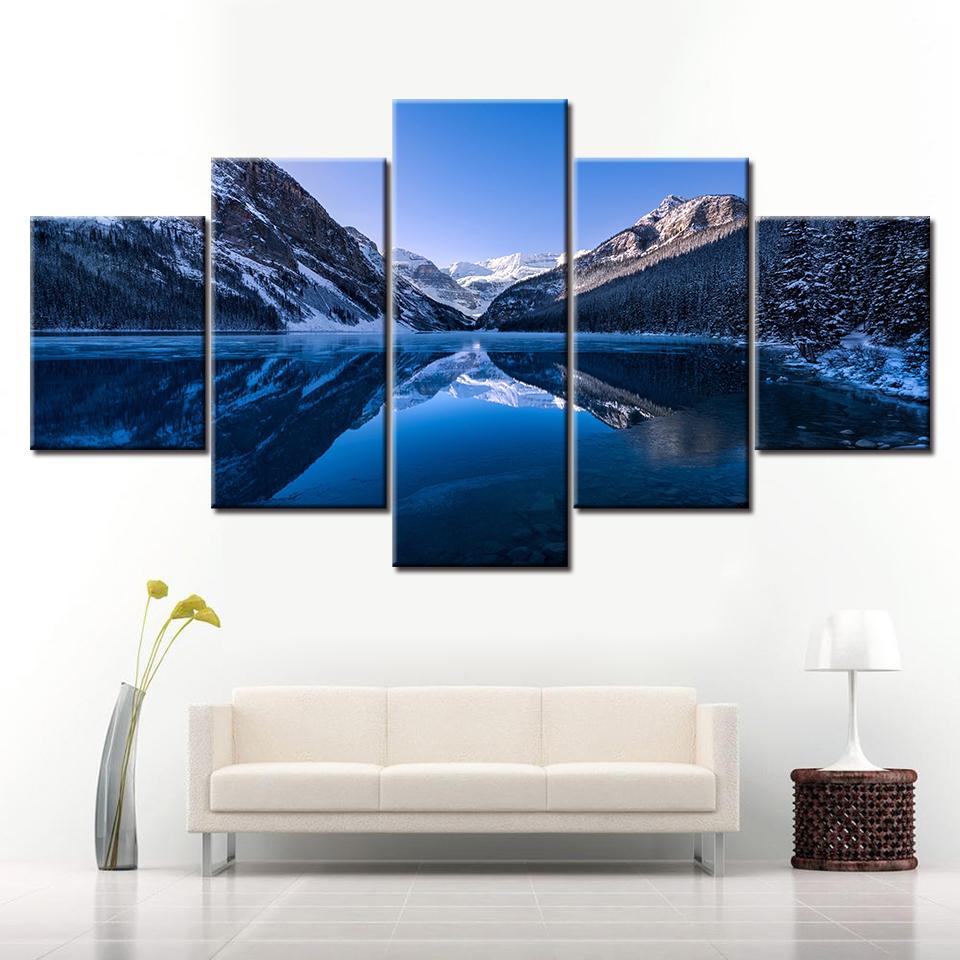 Canvas Painting HD Lakelouisereflection Landscape 5 Piece Modular Nature Wall Art Pictures for Living Room Home Decor