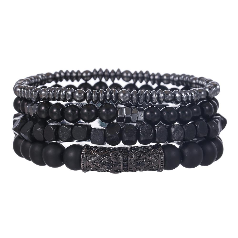 Matte Black Cubic Zirconia Ball & UFO Pendant Braided Bracelet Set