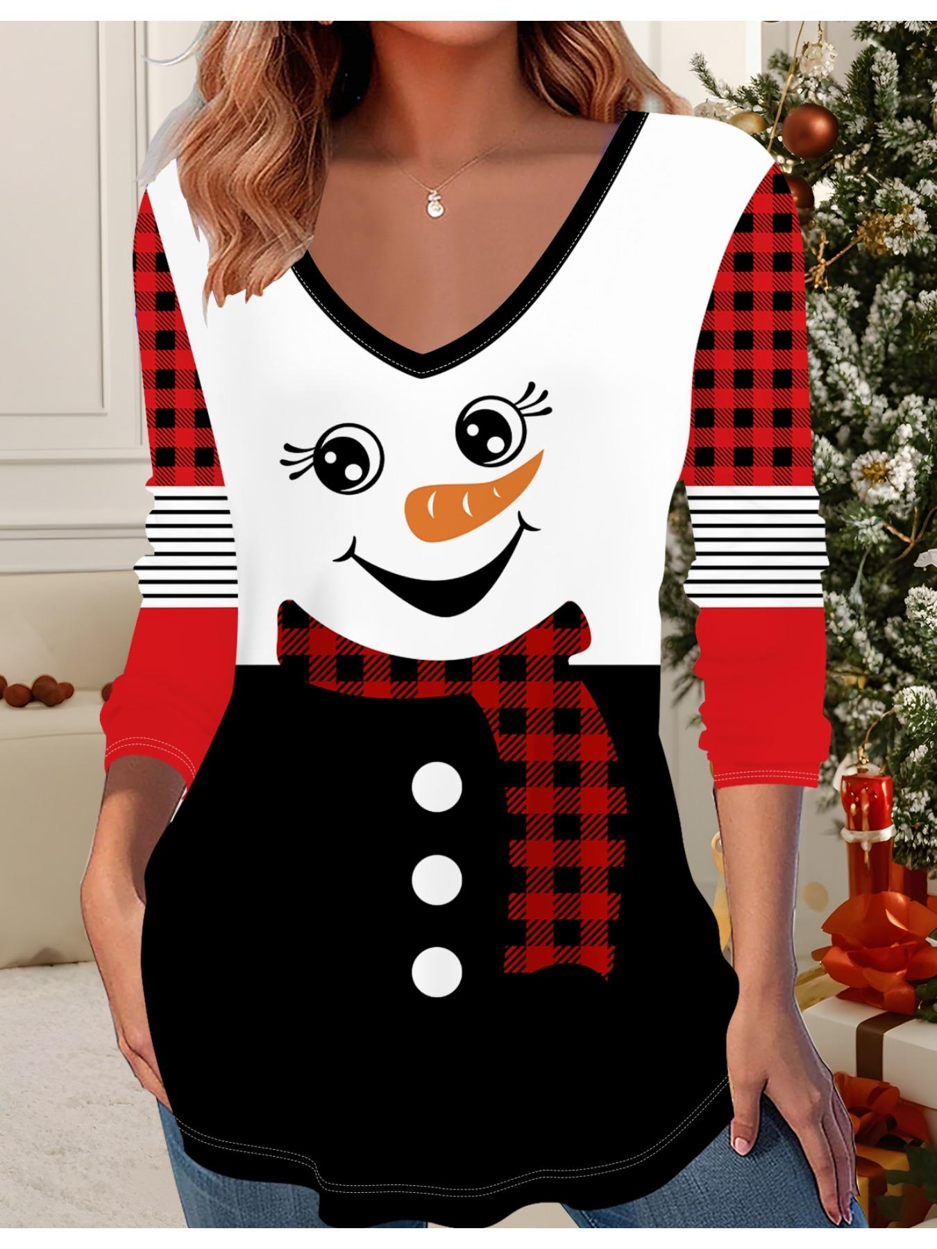 

3D Рождественская Принтованная Модная Повседневная Женская Футболка с V-образным вырезом и длинным рукавом - Одежда для новогодней вечеринки, Праздничный подарок 6XL белый