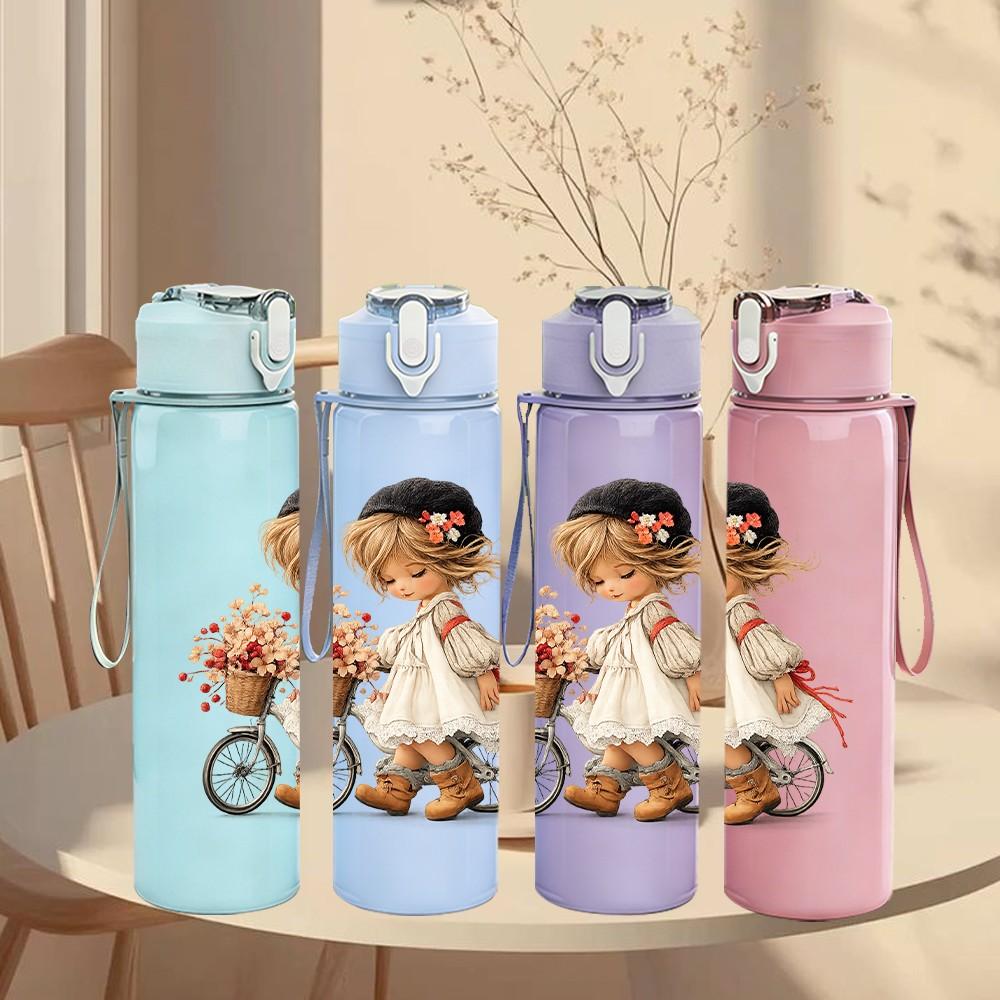 1PC Doll Girl Ride Vintage Bike Print 750ml Color Plastic Sports Water Bottle Leakproof Flip Straw Lid Suitable for Sports Office Home Use