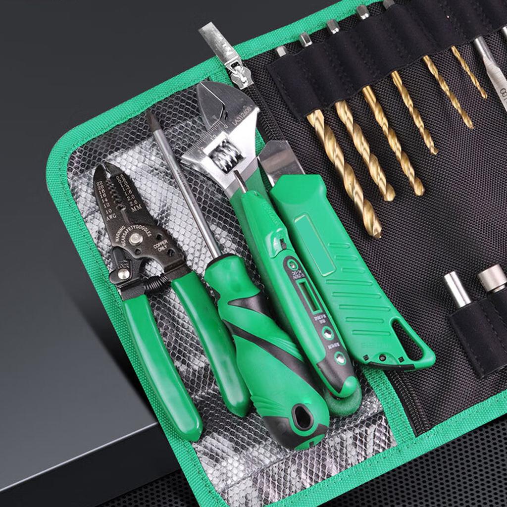 Roll Up Tool Bag with Transparent Zippered Mesh Pocket for Easy Storage and Drill Bit Screwdriver Bit Organization