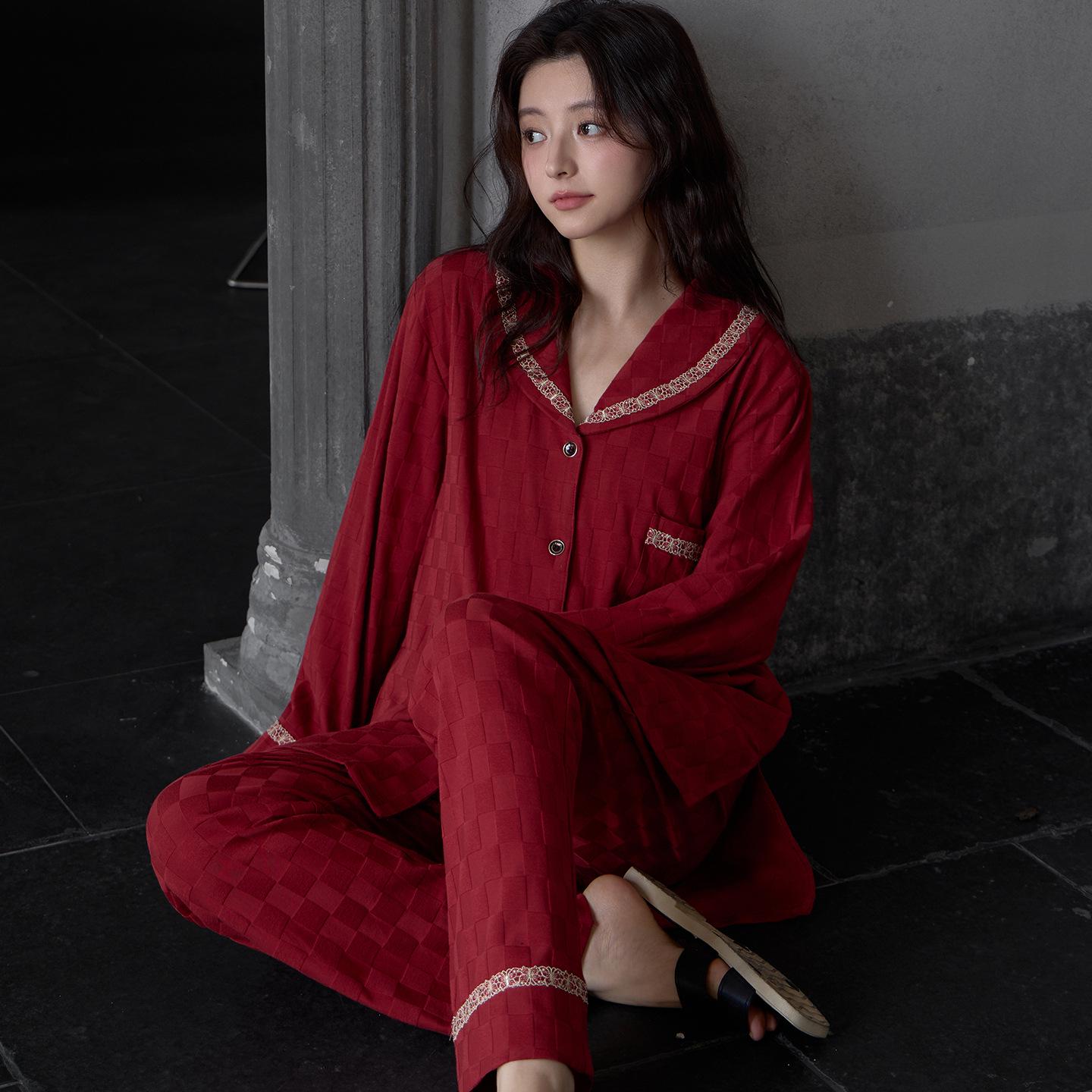 

Red Festive Couple Pajamas: Pure Cotton Long Sleeve Cardigan Set for Spring/Autumn Wedding - Men s & Women s Homewear Large