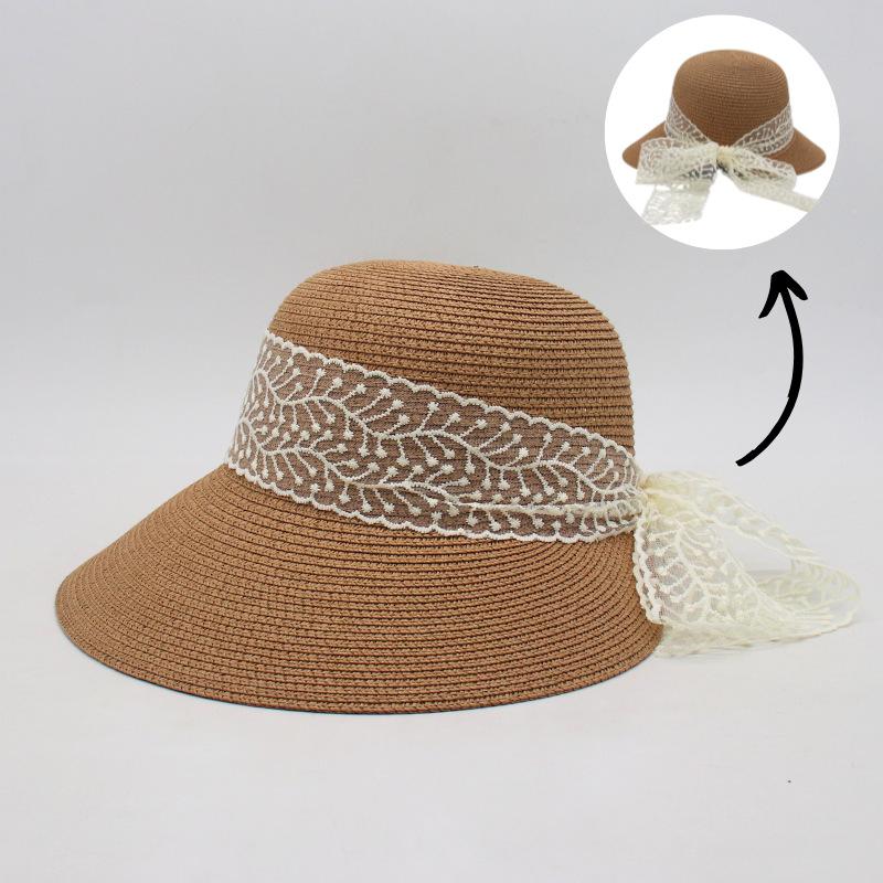 Straw Hat Women'S Big Brim Seaside Sunshade Beach Hat Versatile Lace Bow Sun Hat