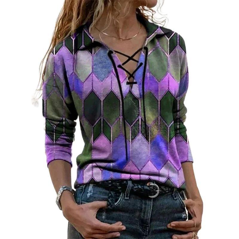 Women s Lace-Up V-Neck Printed Long-Sleeve Top 2XL