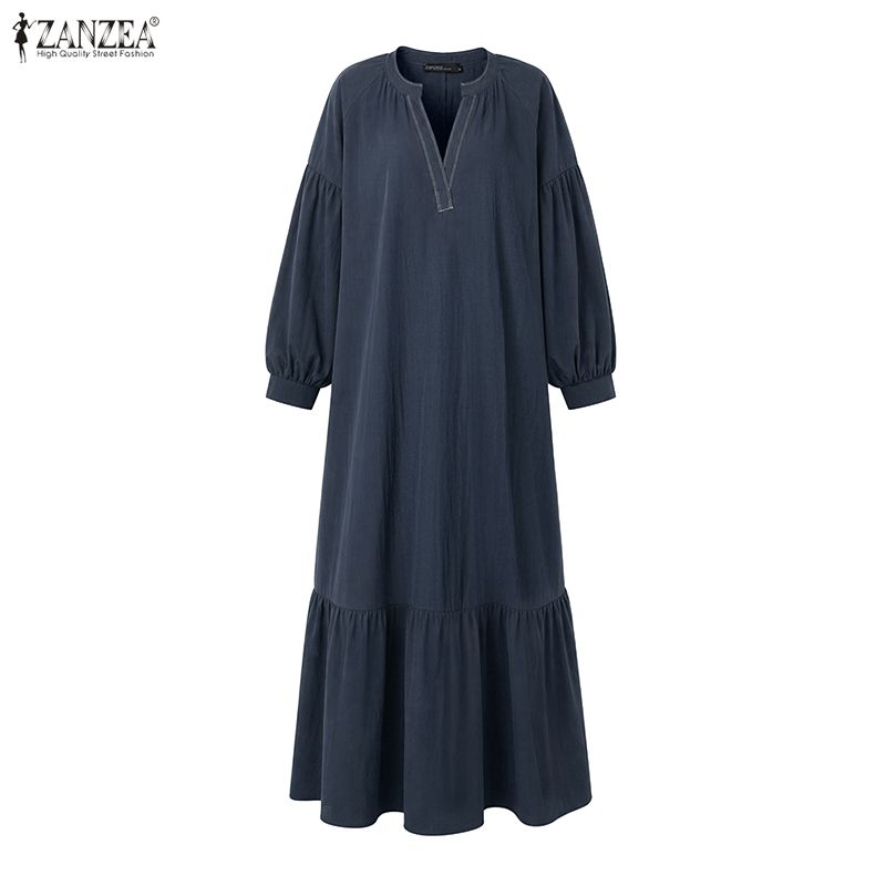 ZANZEA Autumn Womens V Neck Puff Sleeve Maxi Dress Casual Loose Solid Color Tiered Long Dresses
