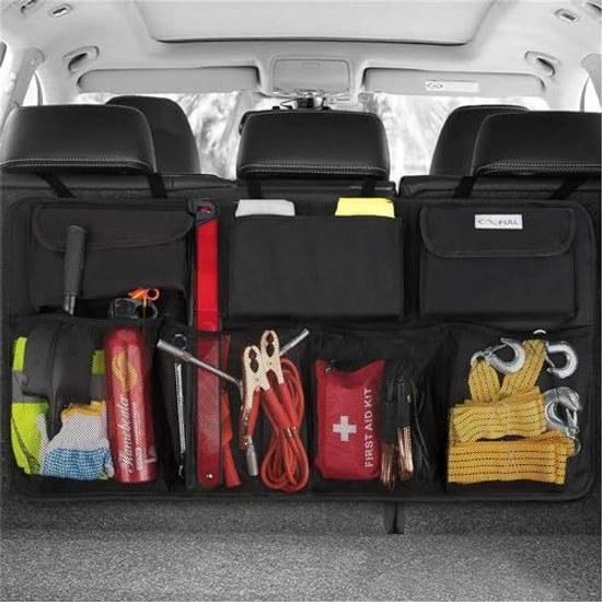 Car trunk storage pocket vehicle luggage room bag seat back rear organization small item large capacity space-saving design easy installation.