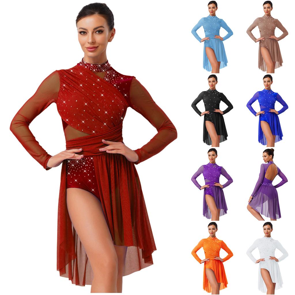 Dame Lyrisk Dansedrakt Langermet Rynket Ryggløst Design Glitrende Rhinsteiner Ett Stykke Draktdrakt