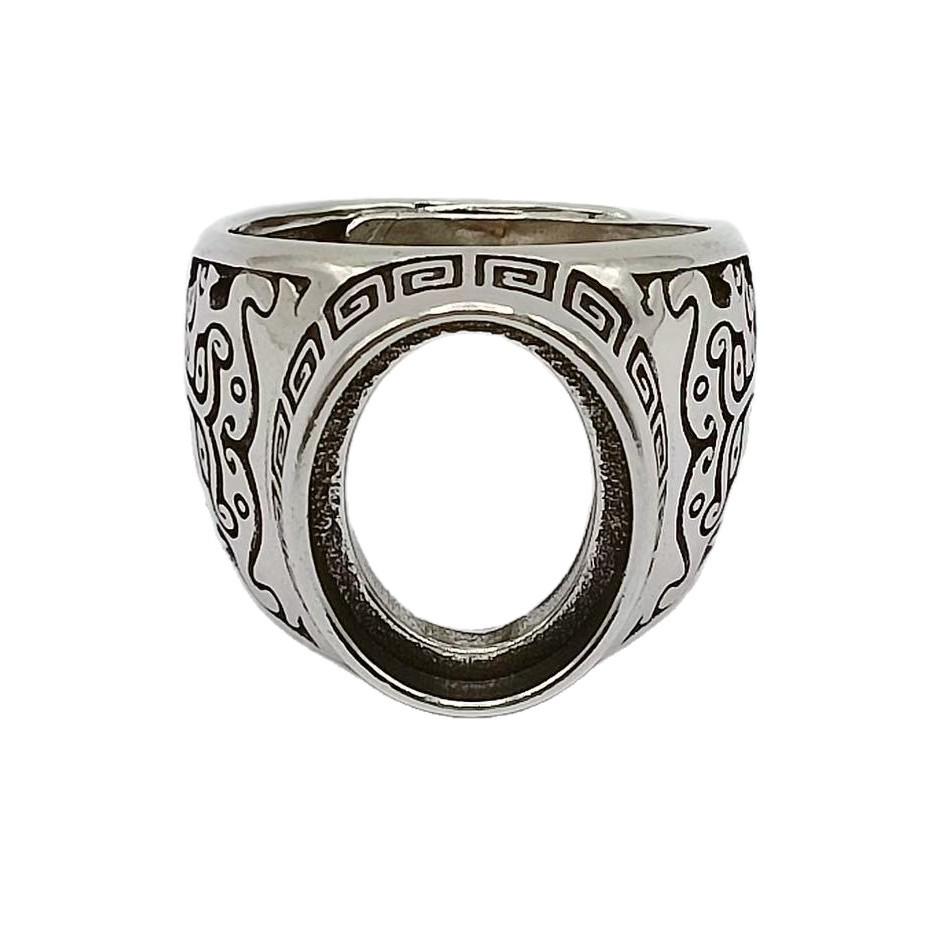 Yin Taifei Thai Silver Beast Face Ring - Taotie Pattern Men's Retro 12x16 Versatile Ring Setting.