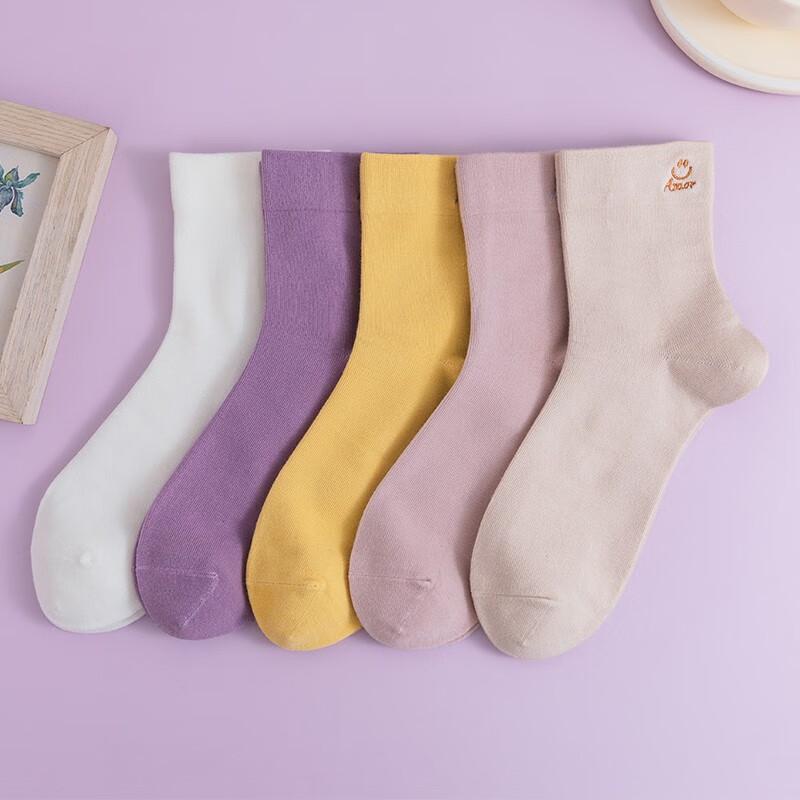 LANGSHA Embroidered High-Quality Pure Cotton Women's Socks, All-Cotton Mid-Calf Forest-Style Ins Solid Color Trendy Socks, 5 Colors 5 Pairs Set