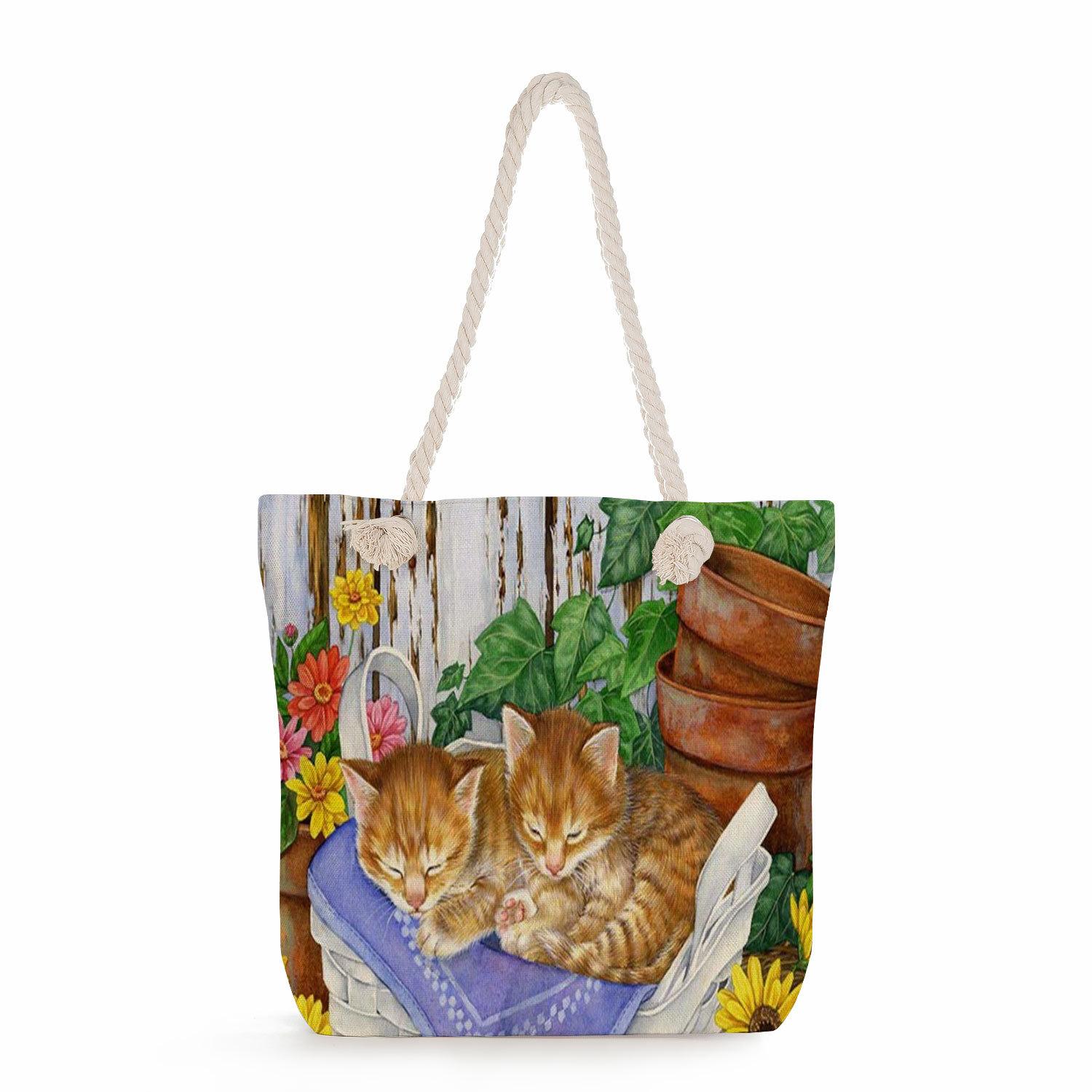 Flower Cat print thick rope single-shoulder beach bag 7269 KTB