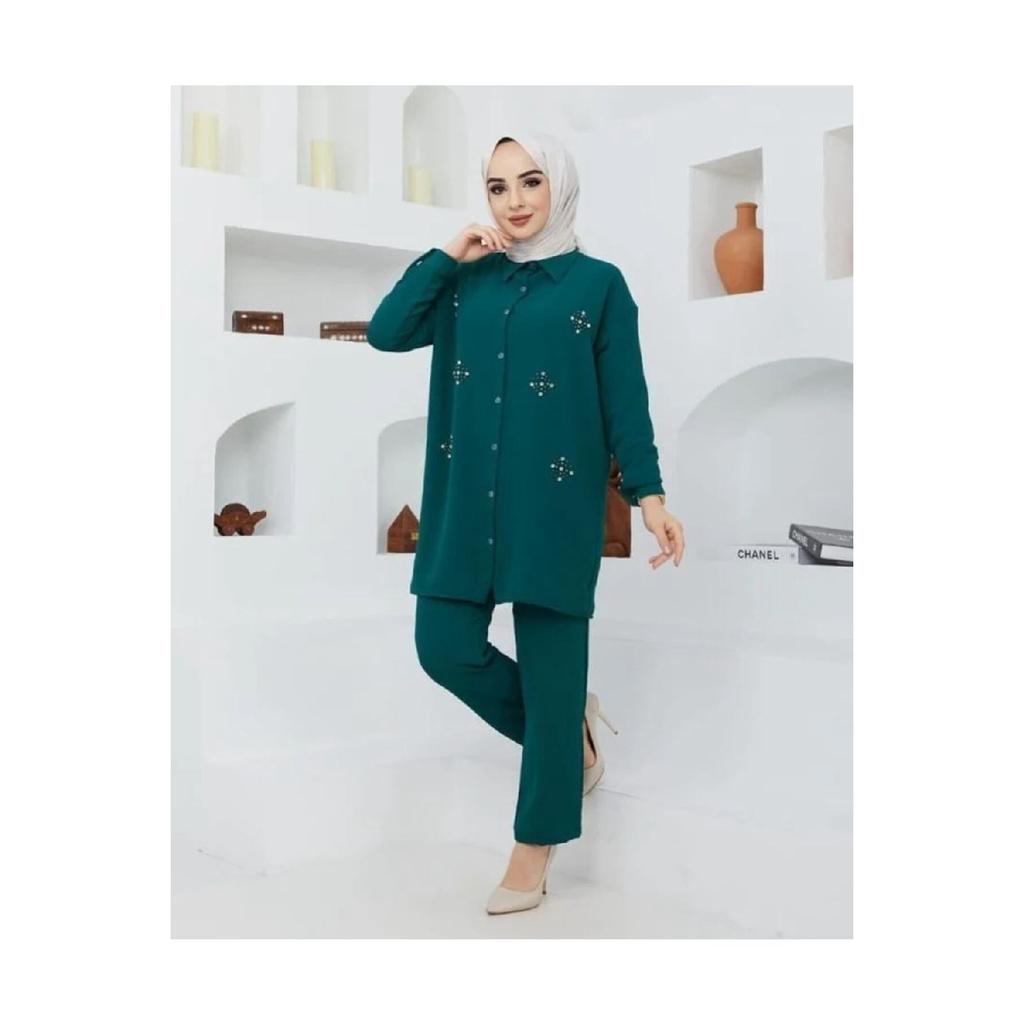 Women's Black Color Linen Shirt Collar Buttoned Bottom Top Set