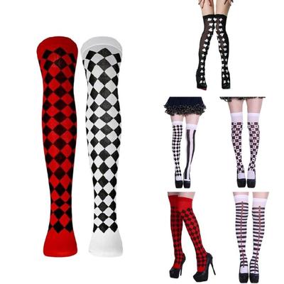 Bas Montants pour Femme à Carreaux de Clown Motif Poker Hauts Cuisses pour Halloween Noël Cosplay Fête Déguisement Look