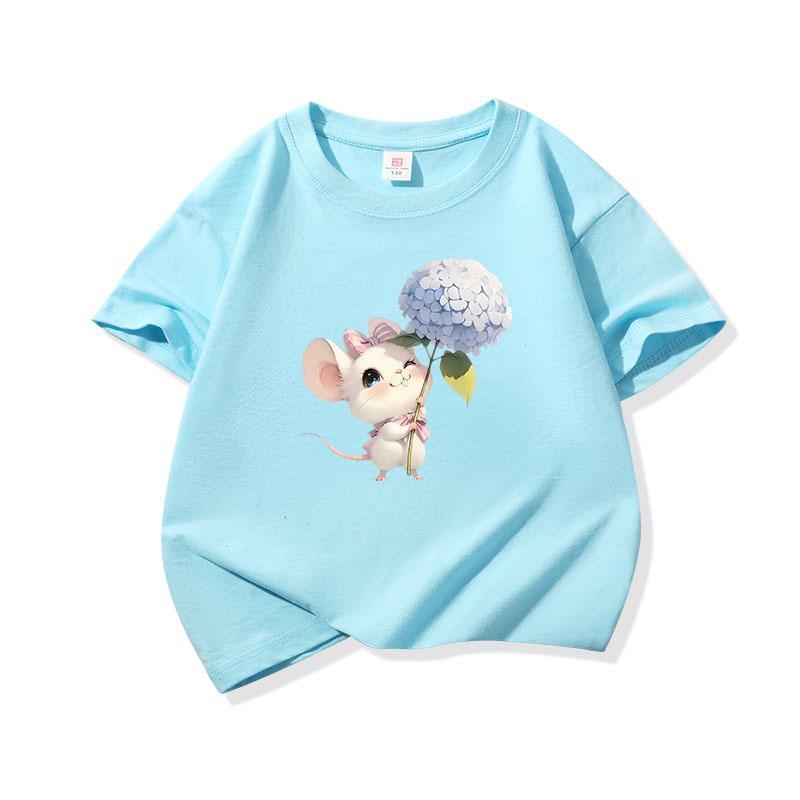 Kids Cotton T Shirt Mouse Holding Hydrangea Flower Print Crew Neck Short Sleeve Tee Casual Boys Girls Summer Tops