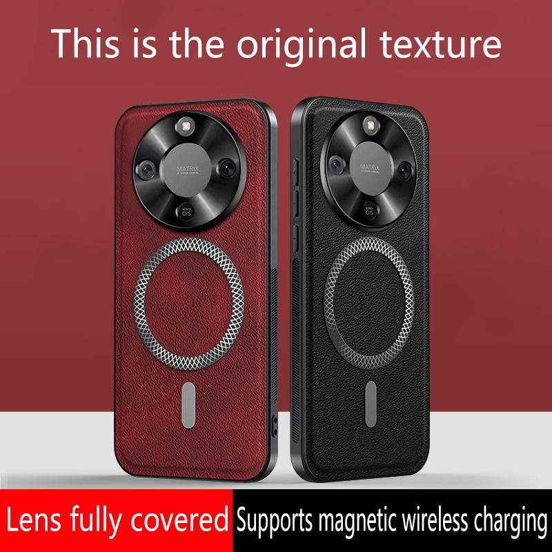 Luxusní PU kožené pouzdro na telefon pro Honor X70 Magsafe Kovový kroužek Magnetická přitažlivost Ochrana objektivu Odolný Nárazuvzdorný kryt