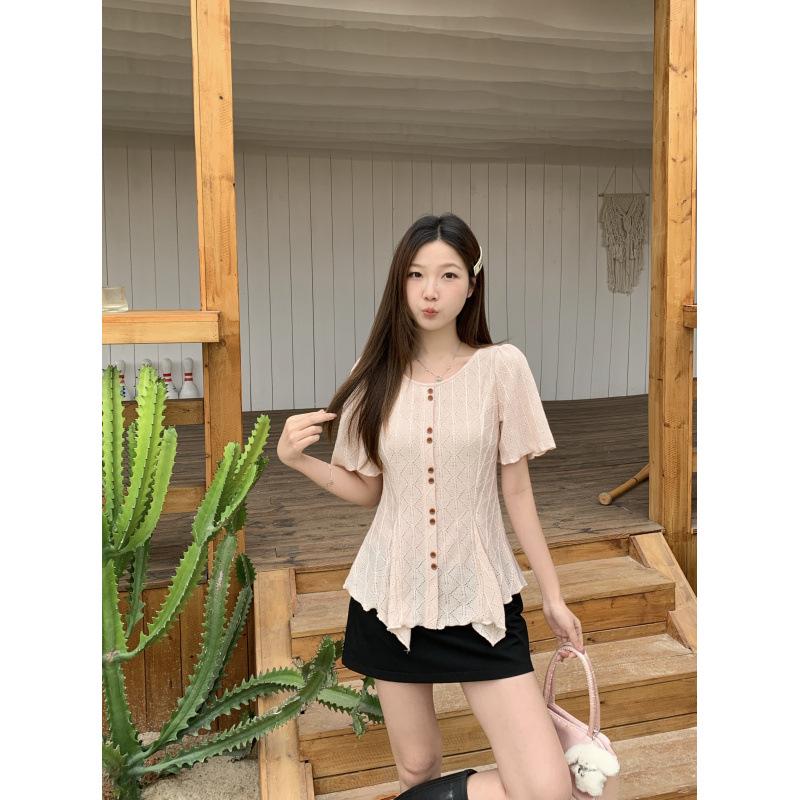 

Summer 2026 Plus Size Short Sleeve Waist-Cinching Irregular Hem T-shirt M рожевий