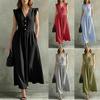 European and American Loose and Thin Petal Sleeves Long Casual Over-the-knee Elegant Vest V-neck Cotton and Linen Dress