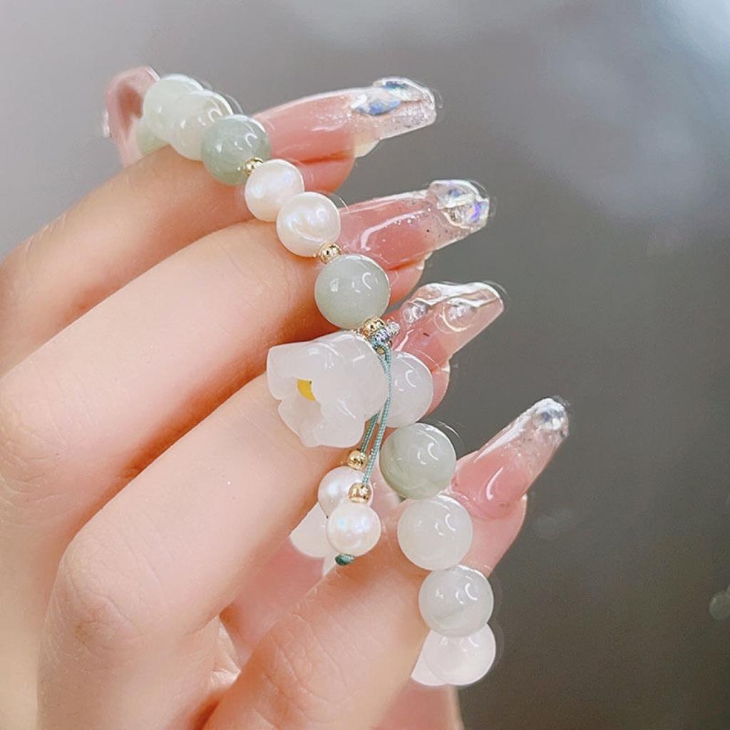 Handmade Tianshan Green Jade Bracelet Ladies Ins Wind Chalcedony Lily Flower Bracelet Independent Packaging Holiday & Business Present
