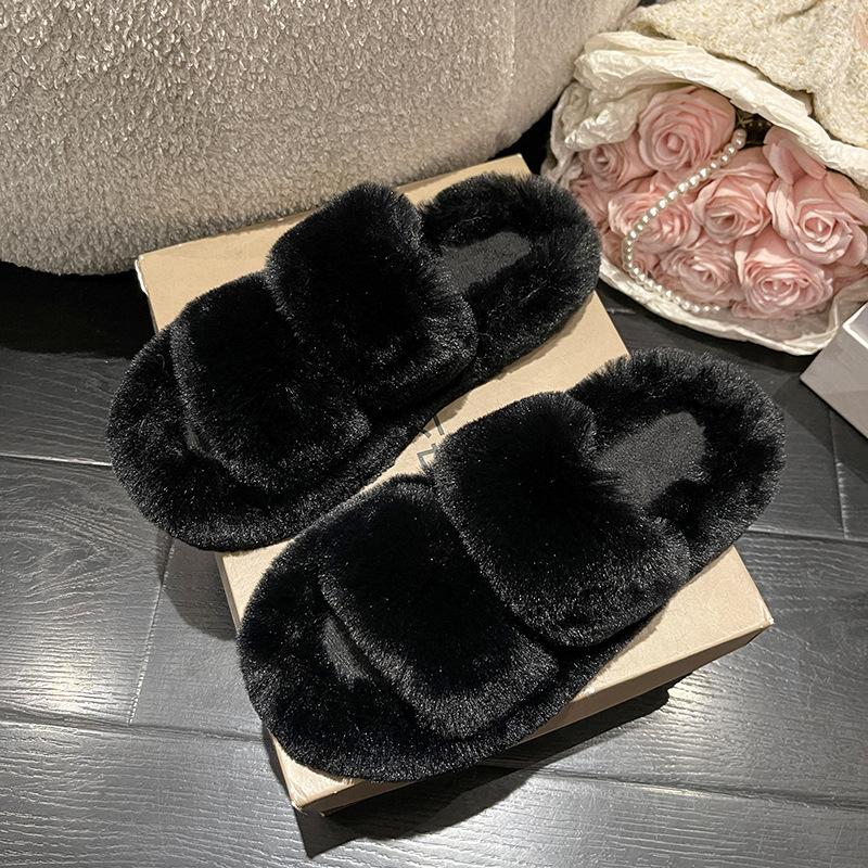 Flat bottom fluffy women's slippers spring autumn and winter one-word fluffy mop warm indoor fashion versatile flat bottom thickened