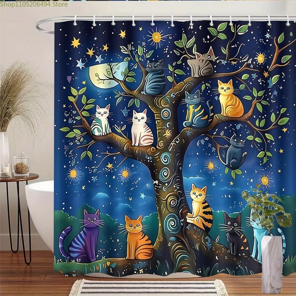 1pc 1pcs Whimsical Cat Tree Shower Curtain Suitable for & - Magical Starry Night Cat-Themed Bath Curtain with Grommets, -Care,